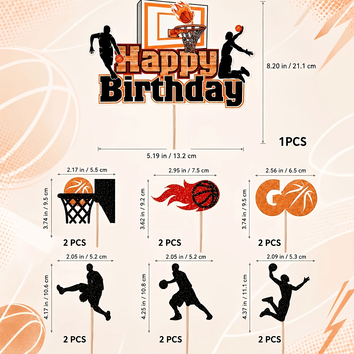 TEMU 13pcs Basketball Birthday Cake Topper Set, Orange Black Sports Theme Cake Decorations, Basketball Player Hoop Ball Cake Picks For Birthday Party