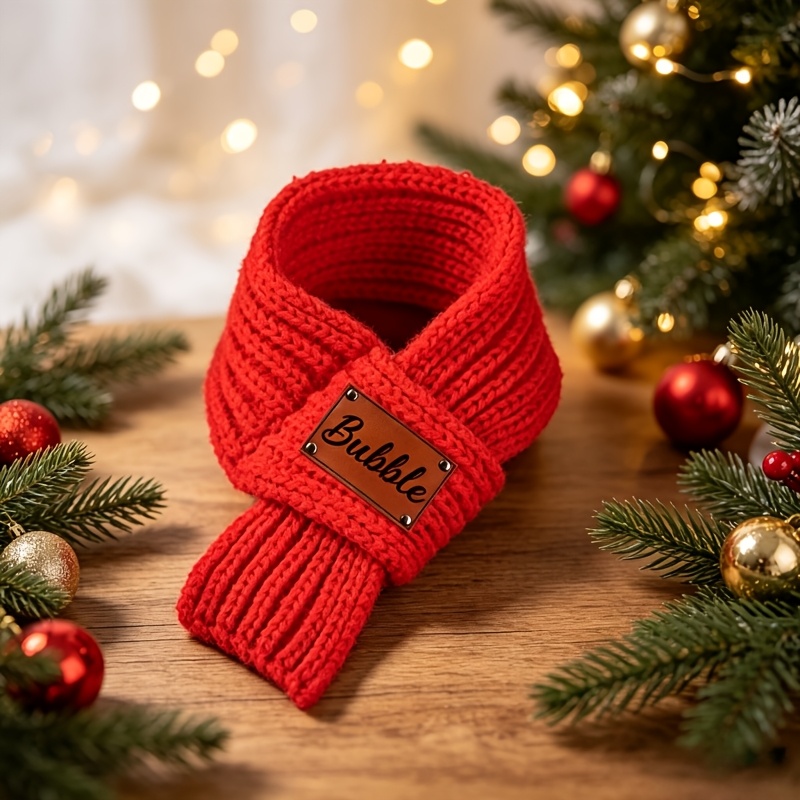 TEMU Personalized Custom Pet Knit Scarf With Leather Engraved Nameplate, Soft And Thick Pet Scarf, Adjustable Small Winter Neck Warmer, Christmas