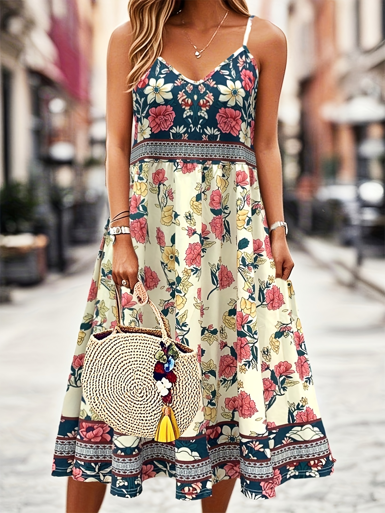 Women's Bohemian Floral Print Sleeveless A-Line Maxi Dress Round Neck  Greek Island Dress with Short Waist Tie Machine Washable Summer Beach  Weddin