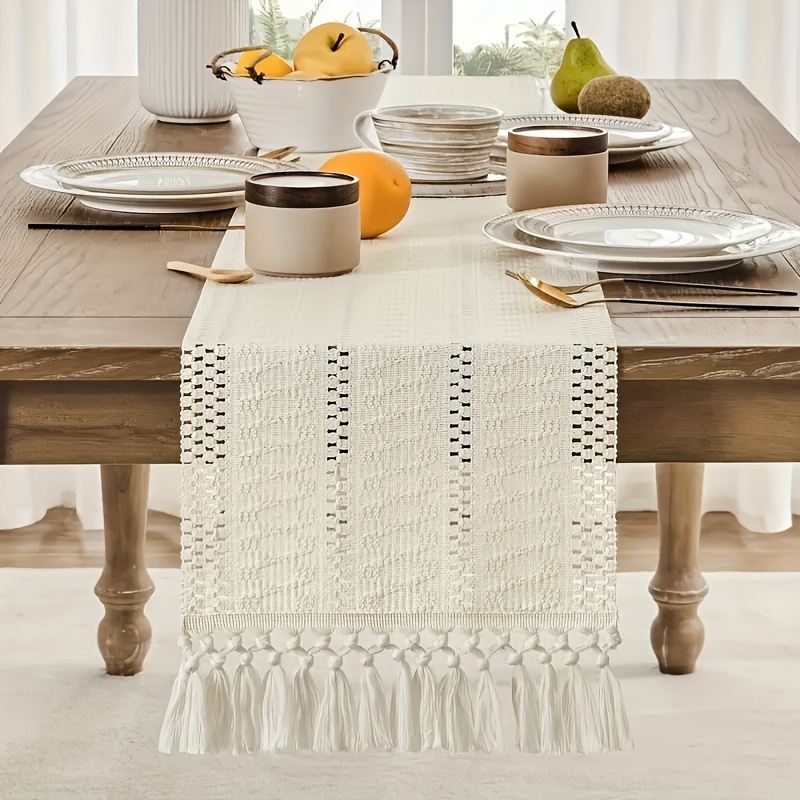 

1pc Bohemian Crocheted Lace Table Track With - Polyester, Solid Color Woven Rectangular Farmhouse Style, Suitable For Weddings, Dining, Parties And Home Decor