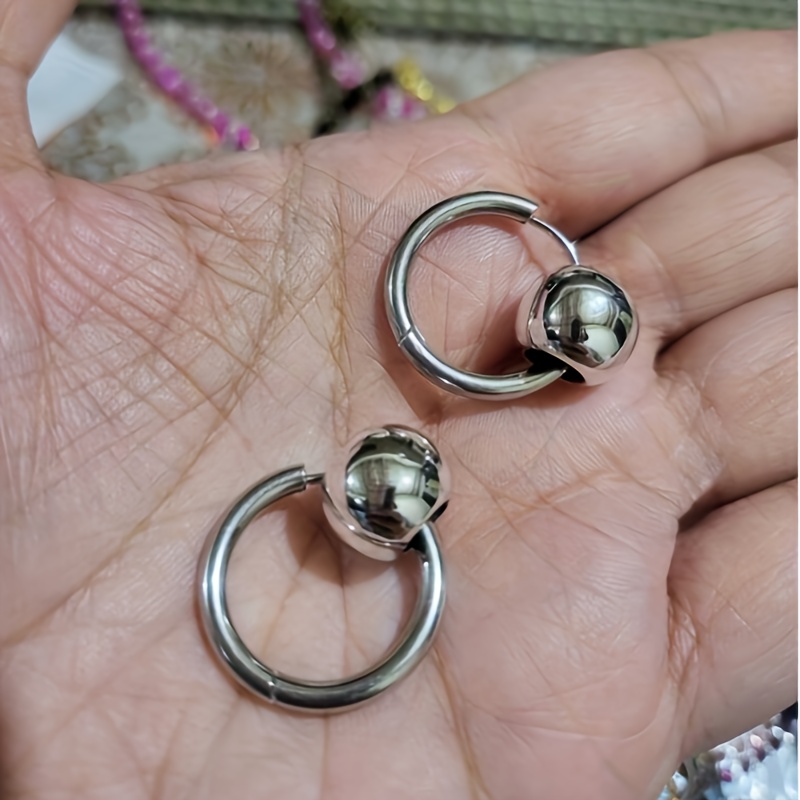Image of A Pair Of Stainless Steel Hoop Earrings With Smooth Ccb Ball Tips For Women, Featuring A High-end, Fashionable, And Versatile