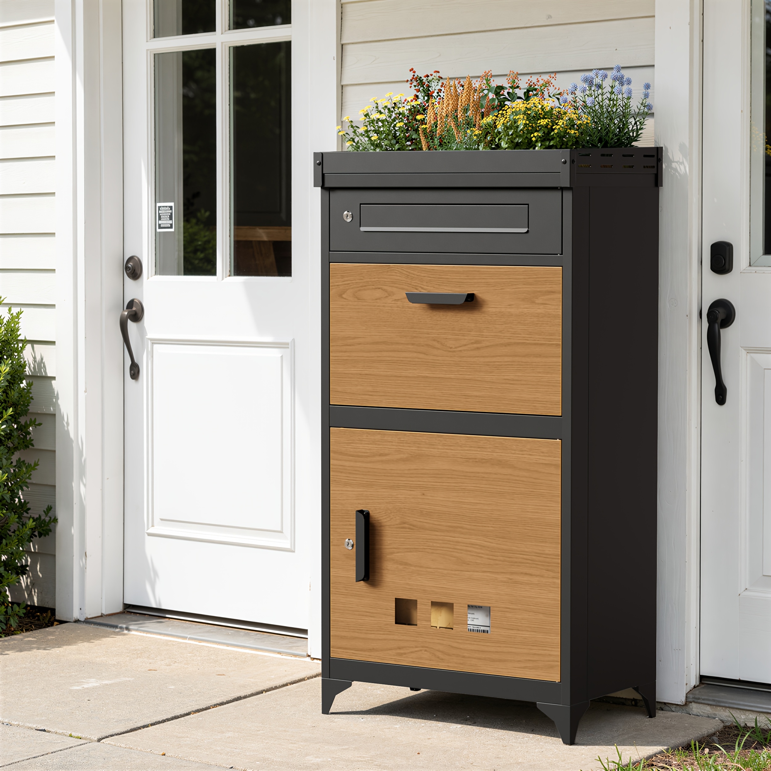 Image of Lockable Storage Box, Parcel Box With Parcel Compartment, Stainless Steel Storage Box With Removable Flower Tray Stand And Anti-slip Mat, Hallway, Courtyard, Entrance, Black And