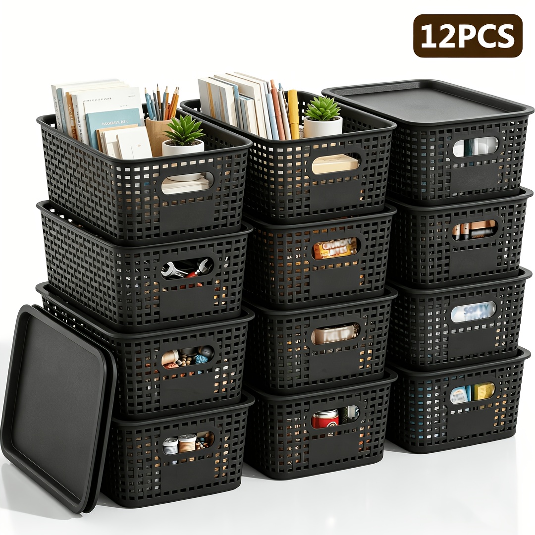 12pcs Black Storage Baskets With Lids, Storage Bins With Handles, Home Storage Baskets, Suitable For Kitchen/closet/office/drawer Storage, Home Item Storage Baskets, Shelf Baskets