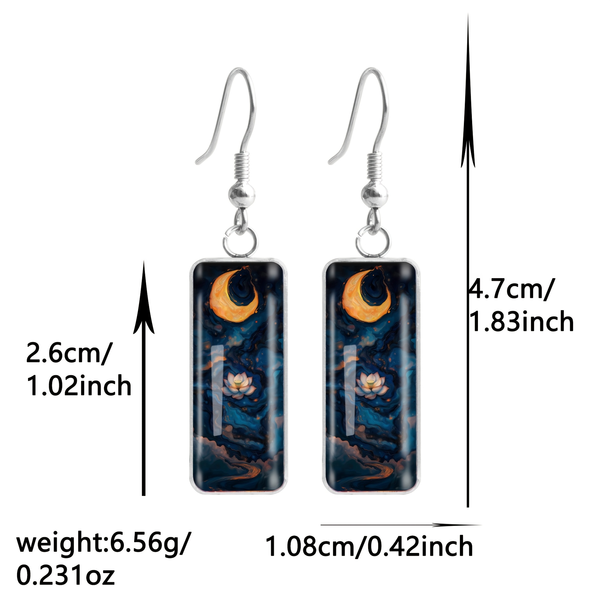 Golden Crescent Lotus Pattern Long Earrings, Unisex