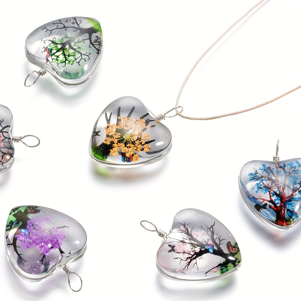 

5pcs Tree Of Life Heart Glass Charms, Assorted Colors, Handcrafted Pendants For Diy Jewelry Making - Necklace, Bracelet & Earring Accessories