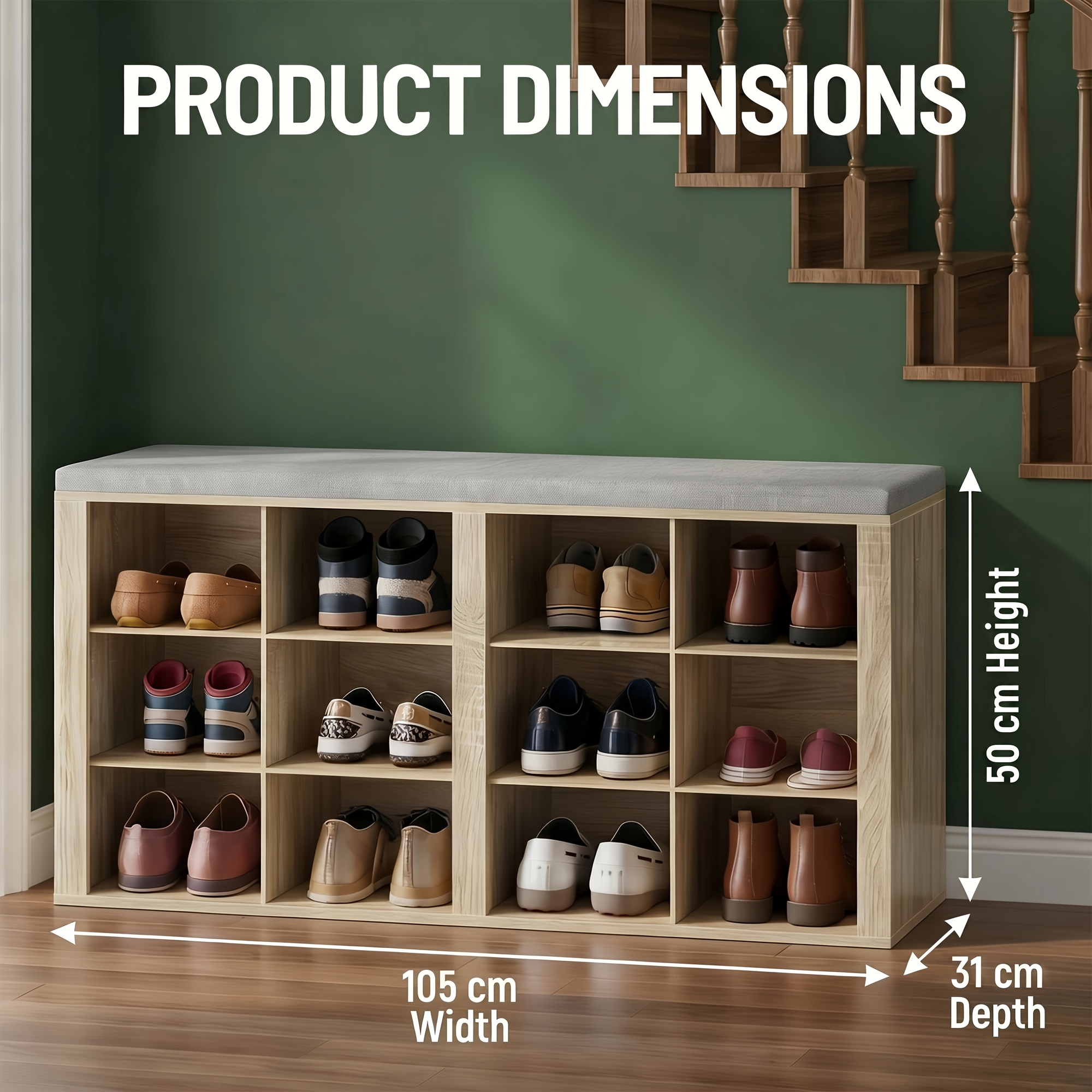 105cm Wide Shoe Storage Bench, 50cm Comfortable Seat Height, 12 Compartments For Shoe Storage, Adjustable To Long Boots, And The Seat Cushion Is Washable