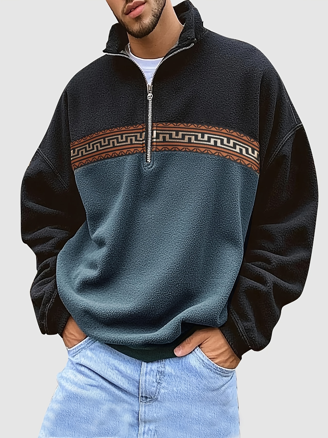 herren cozy fleece zip up hoodie geometrischem muster warme Temu - Main Image