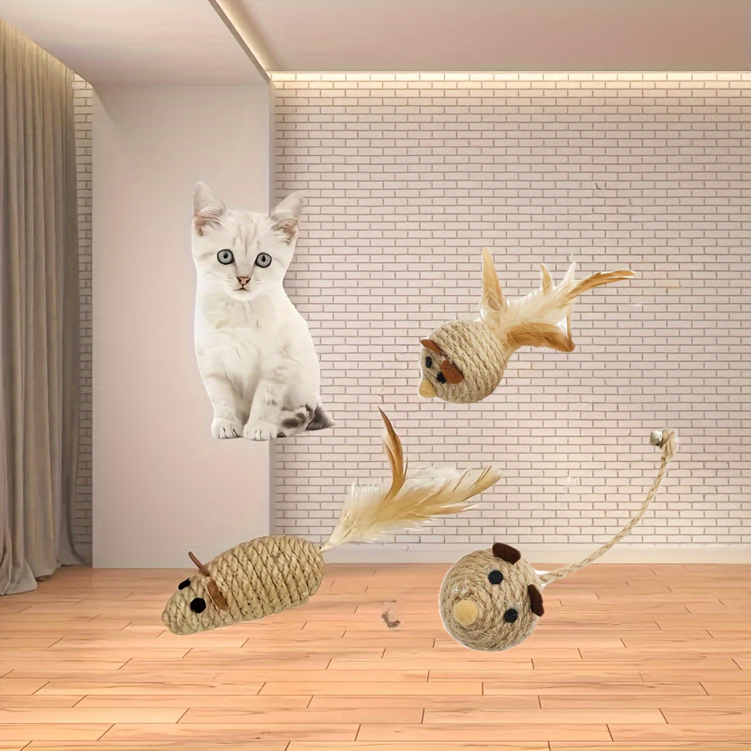 

3pcs Interactive Sisal Rope Cat Toy Set - Feather Tails, Teething Chew Balls For Kittens & Dental Health