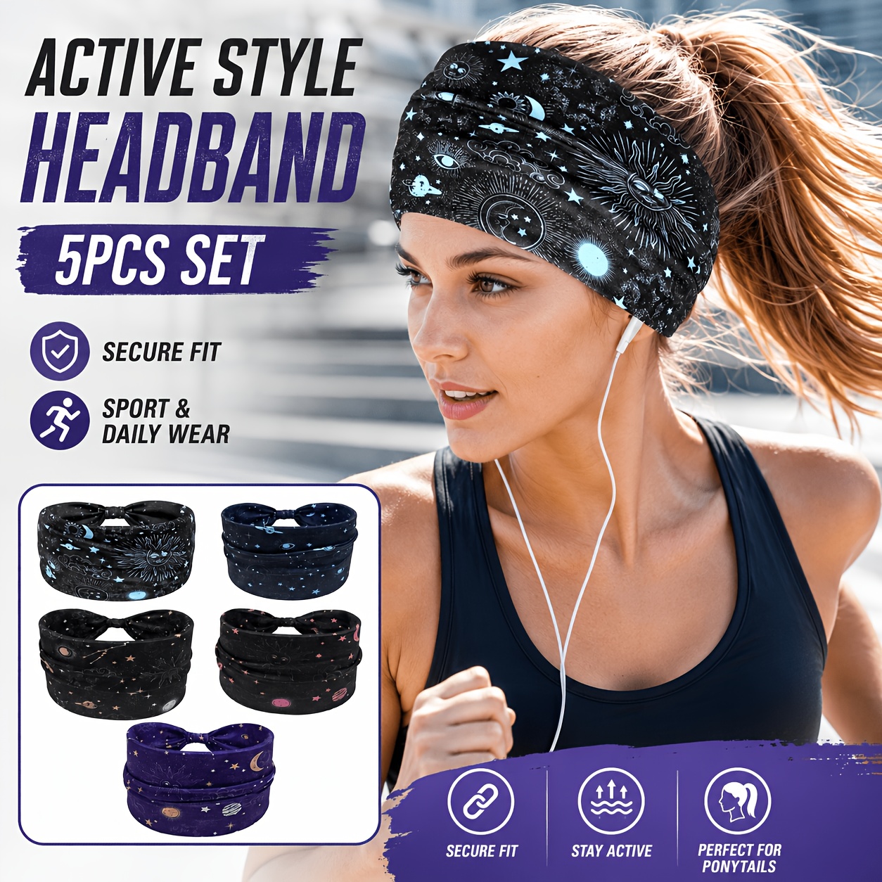 TEMU 5pcs/ Pack Women's Retro Elegant Sun Moon Starry Elastic Knitted Headband, Fitness Cycling Yoga Exercise Sweat Absorbing Breathable Elastic