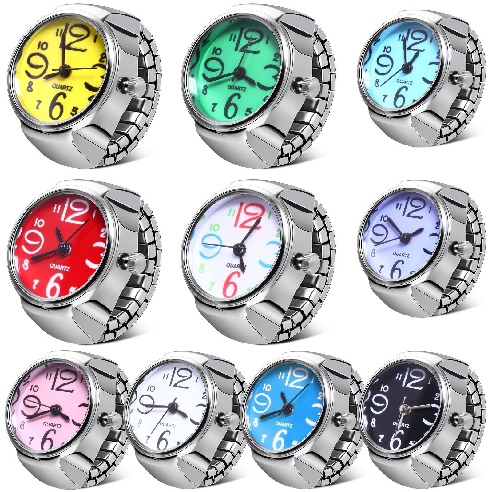 TEMU 10pcs Finger Watches Ring For Women Men Adjustable Clock Rings Bulk Creative Elastic Round Finger Watches Ring Decoration