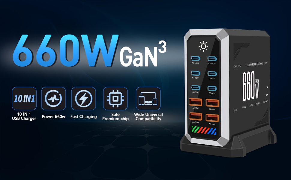 660w fast usb c gan iii pro charger block, 10 port charging station, dual 140w pd3.1 pps fast charging station, suitable for multi device laptop wall  , suitable for macbook/for iphone 16/for ipad, etc, multidevice charging, home office charger, modern charger block, sleek power station,    , gan technology, power adapter, fast  , techsavvy  ,   gadget lovers - fast charging   for mobile a cable sets desktop use etc Product details 0