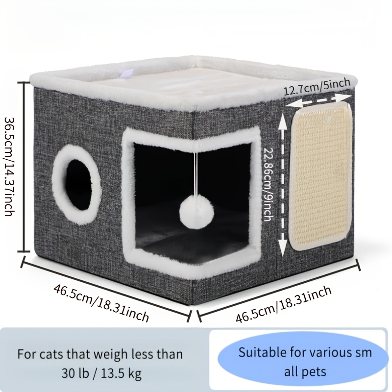 TEMU Luxurious Cat House, Cat House With 2-tier Bed, Toy Tunnel, Foldable Scratching Post, And Comfortable Mat- Cozy Indoor Cat Cube Bed With Plush