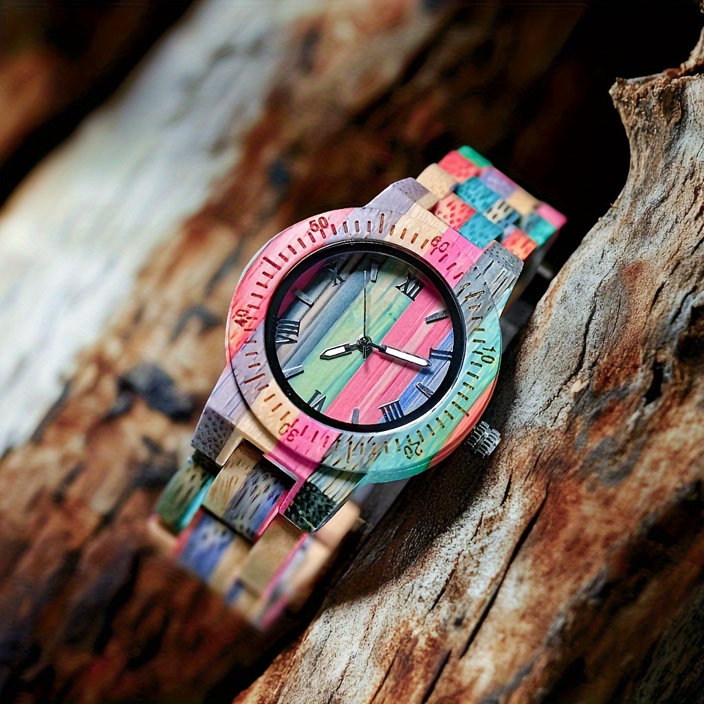 Relojes clásicos de madera para hombre, hechos a coloridos, de bambú,  grabados, reloj de madera analógico de cuarzo, regalo para h