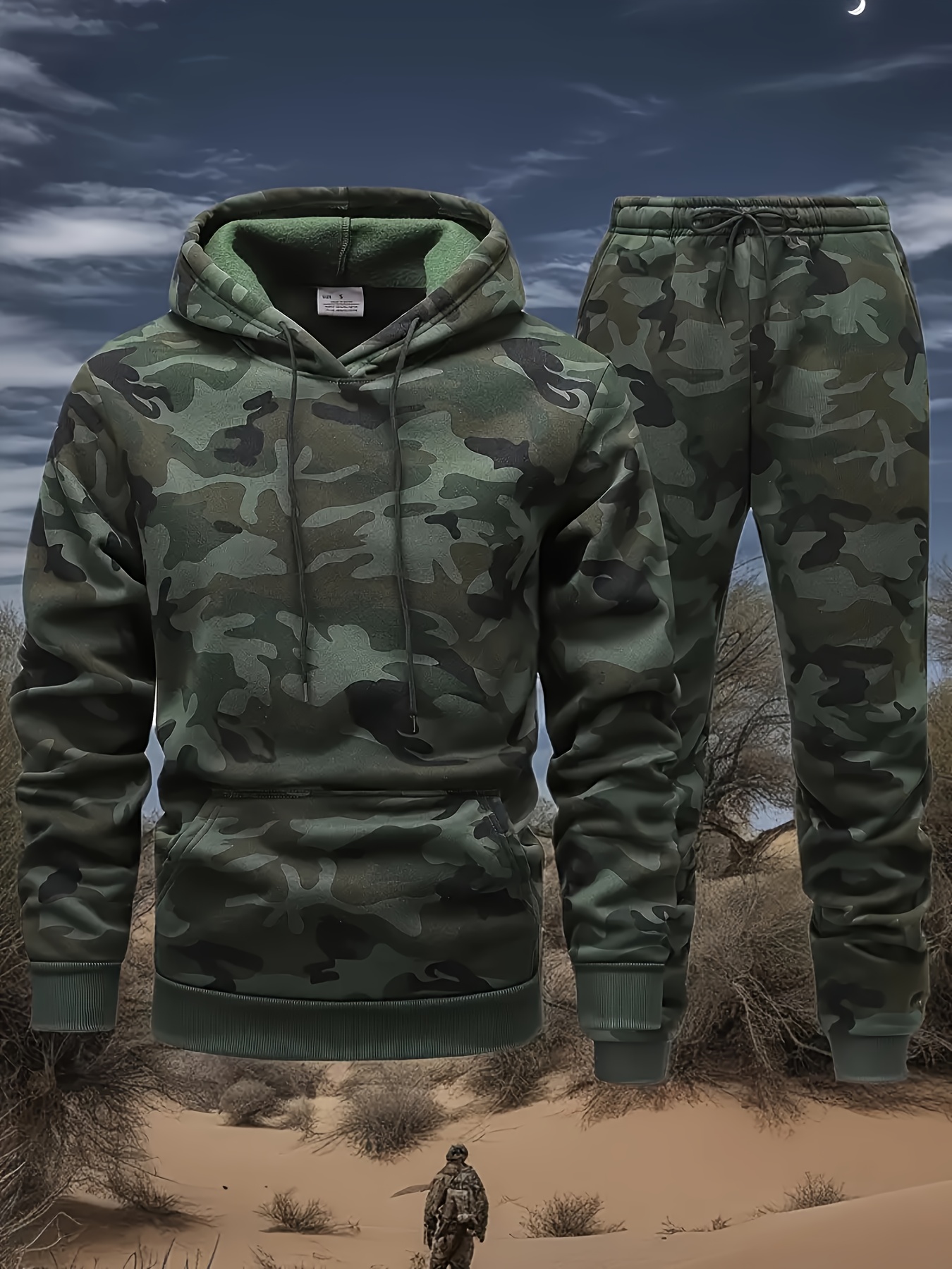 2pcs Of Men'S Casual Sports Camouflage Pattern Kangaroo Pocket Hooded Sweatshirts And Sports Trousers, Suitable for Street, Outdoor, Hiking, Fitness, Training, Vacation, Party, Gift, And Weekend Daily Wear, Fitness Apparel, Hiking Gear - Image 3