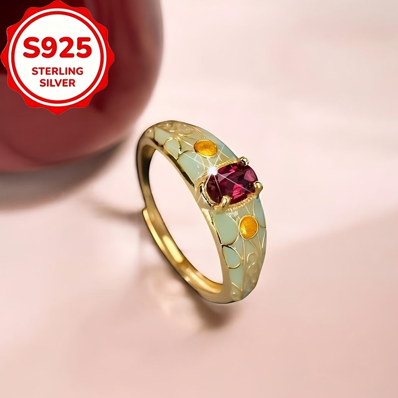 Women's S925 Silver Textured Enamel Adjustable Ring, Light Luxury