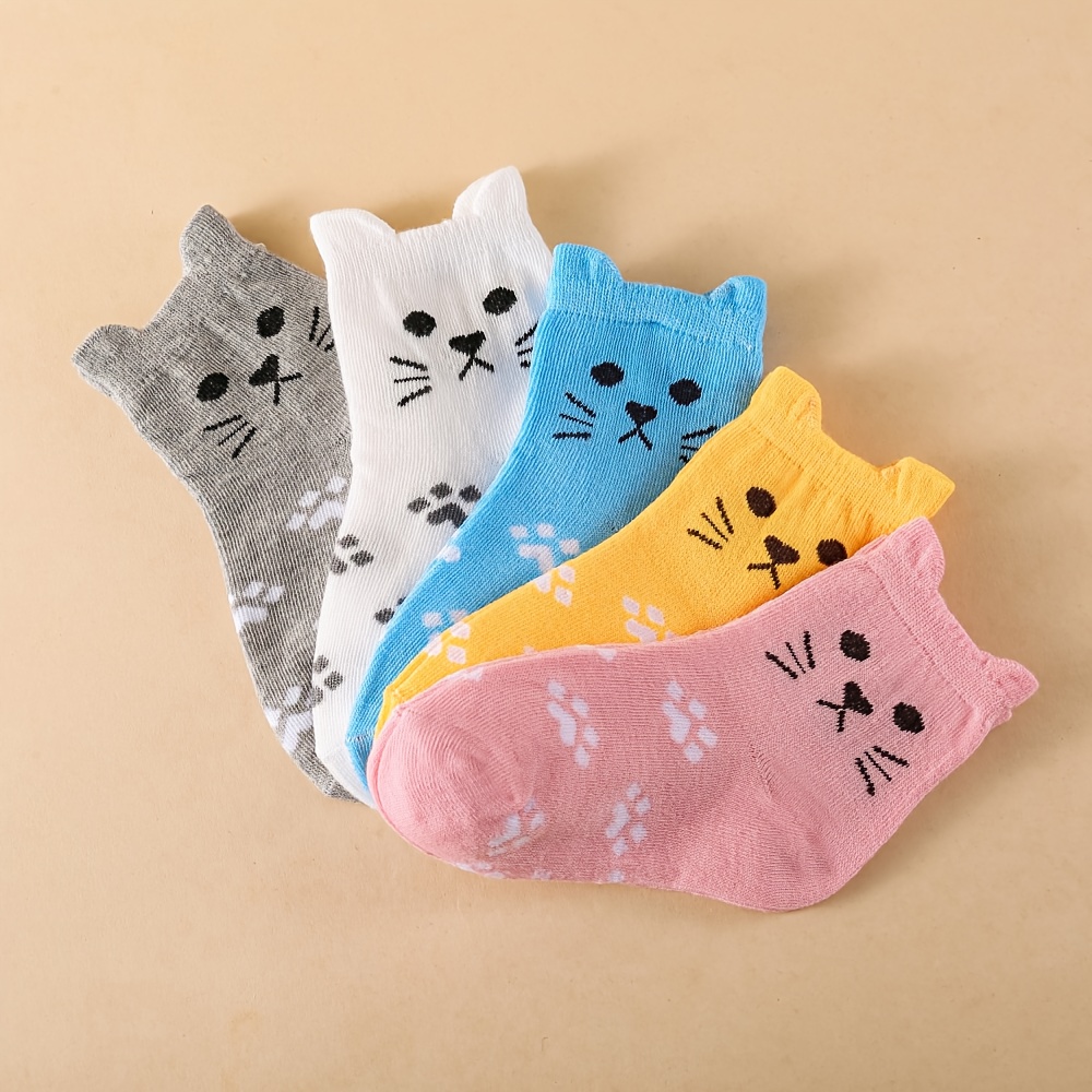 E-shop 5-Paar Kinder-Katzenohr-Socken - Niedliche Kätzchenohren mit Pfotenabdruck & Tabby-Katzenmuster, Weiche Socken für Jungen & Mädchen,