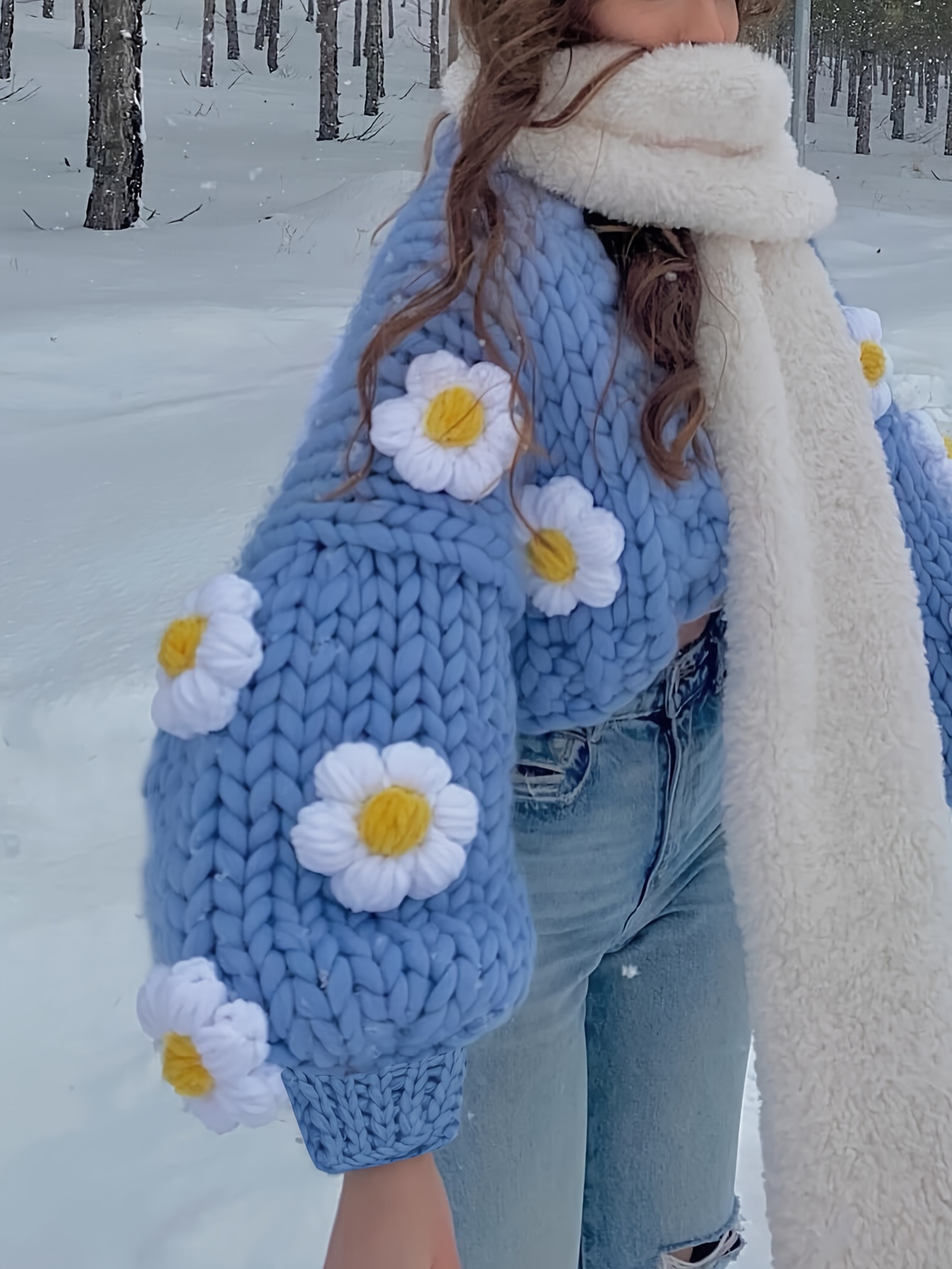 Strickjacke Damen Pullover Blau WeiÃƒÂŸ 3j3 Handgefädeltes