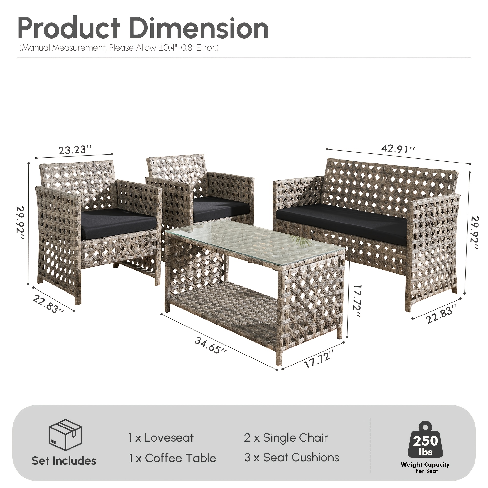 4pcs PE Rattan Bistro Patio Furniture Collection, Outdoor Sectional Featuring 2 Chairs, a Loveseat, And a Coffee Table, Compact Modern Porch Conversation Set for Backyard Garden, Premium Appearance