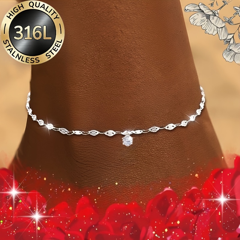 TEMU 1pc 316l Stainless Steel High-quality Hypoallergenic Lip Chain With Exquisite Pendant Anklet, A Jewelry Accessory Suitable For Men And Women.