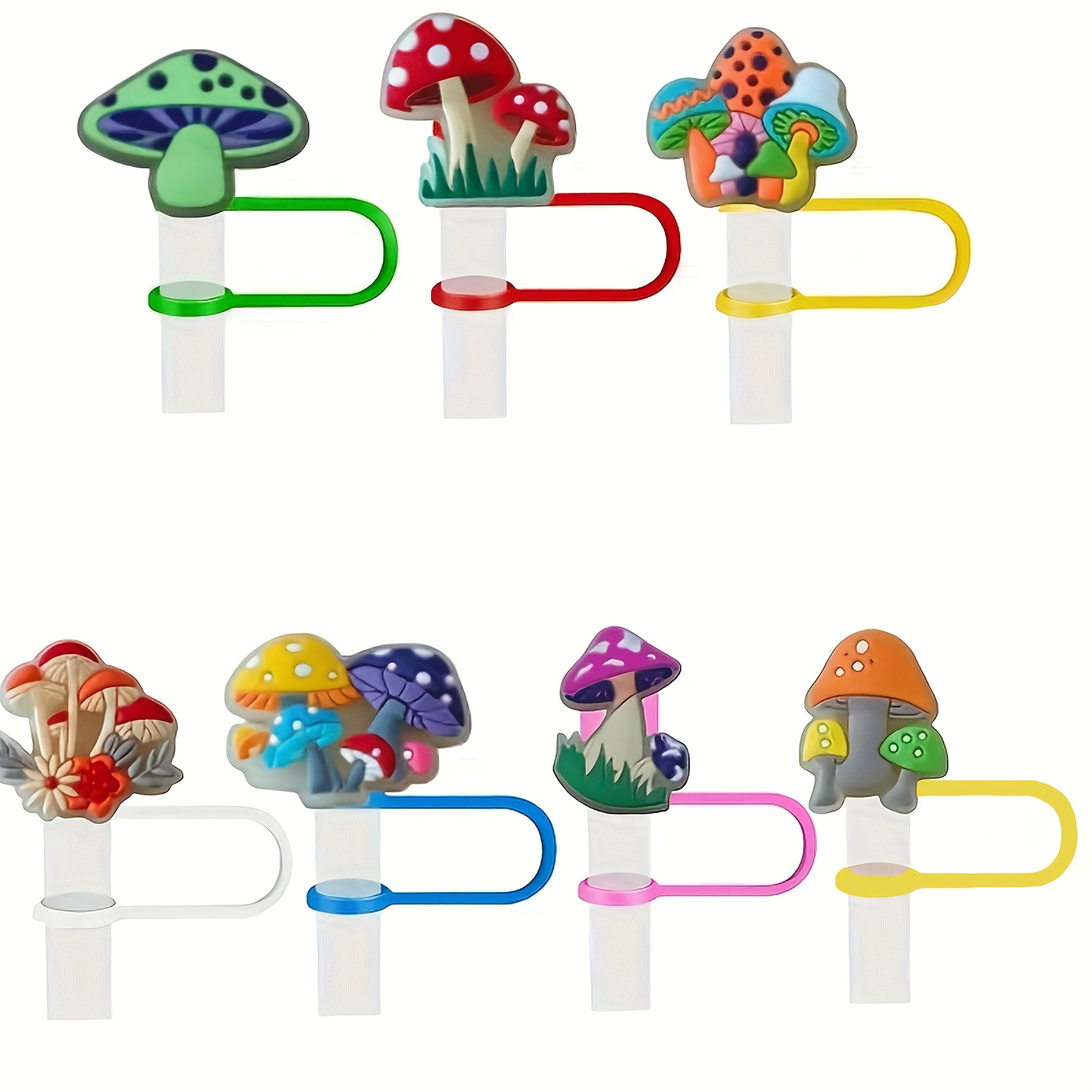 

7-pack Cartoon Mushroom Straw Toppers, Reusable Pvc Dustproof Straw Caps, Universal Fit For Water Bottles, Cute Drink Lid Accessories