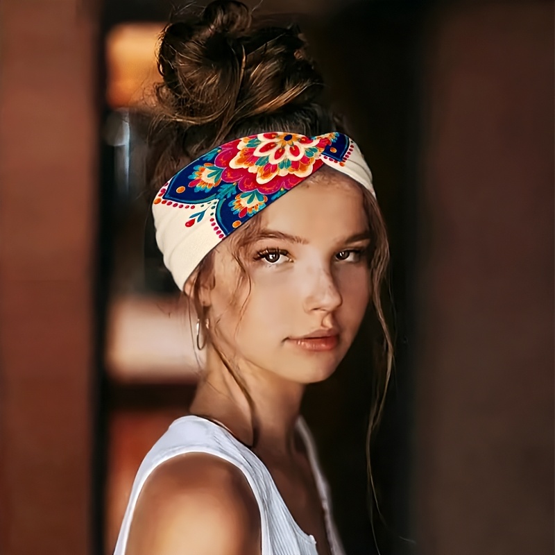 TEMU Colorful Ethnic Floral Pattern 2d Flat Headband | Non-slip, Sweat-absorbent, Elastic, Wide-brim, Knotted Design, Fashion Accessory, Suitable For