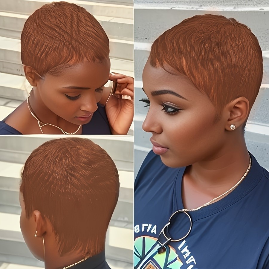 TEMU Short Straight Layered Human Hair Wigs 4inch 30 Brown Color Daily Party Use Halloween Wig 150% Density Machine Made Cut Human Hair Wigs For Women