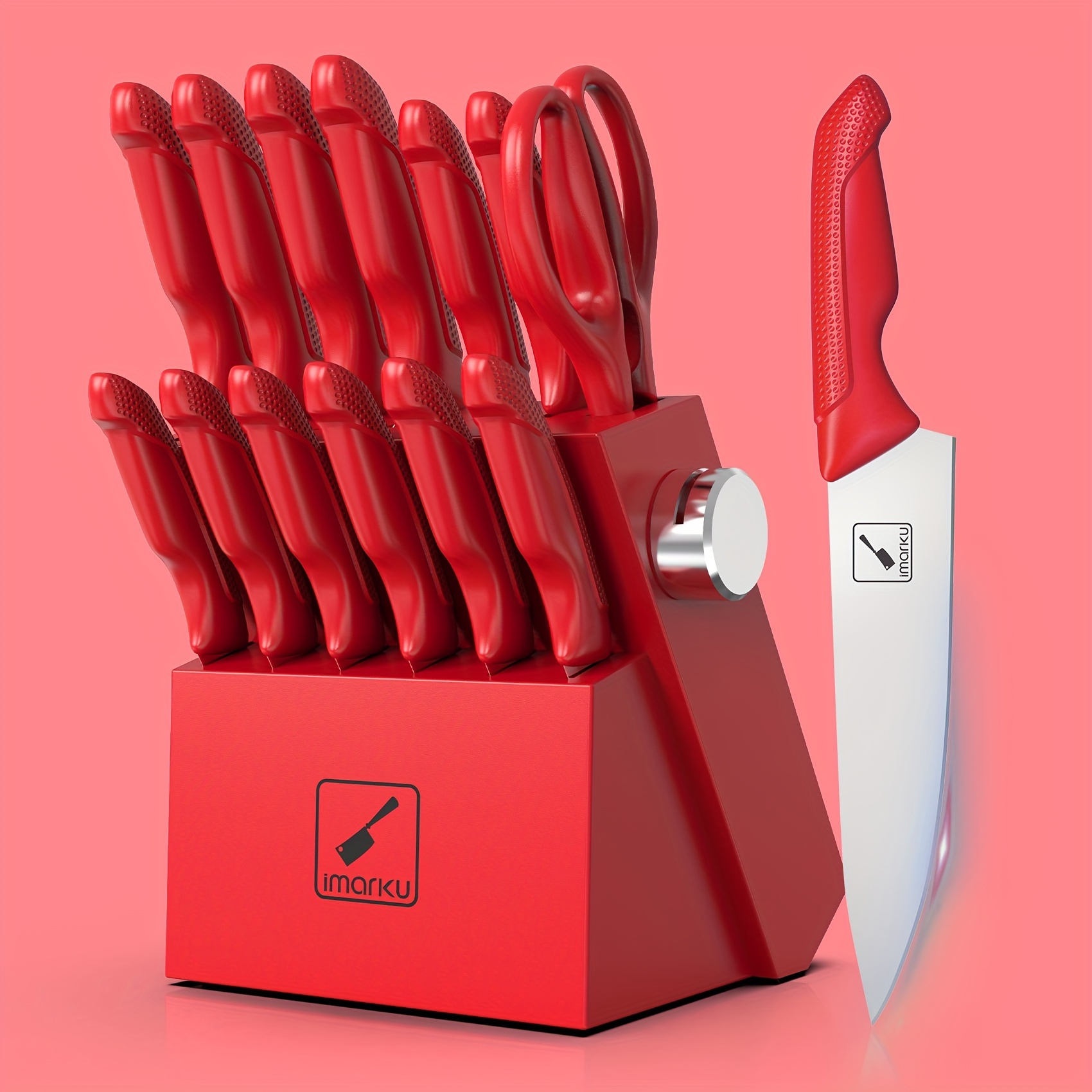 

I Marku Knife Set With Block, Sharp Knife Set With Built-in Sharpener, Japanese Stainless Steel Kitchen Knife Set With Non-slip Ergonomic Handle, Dishwasher Safe, Best Holiday Gifts, 14 Pcs, Red