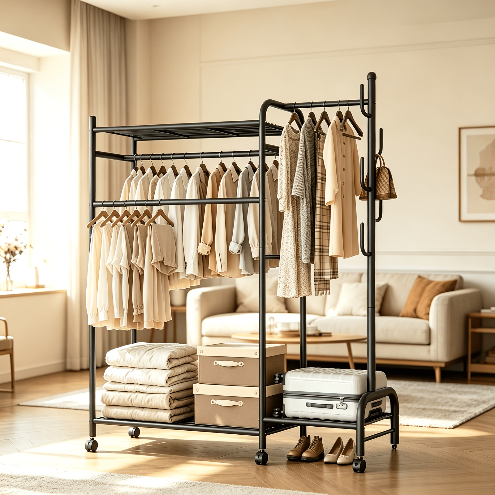 TEMU Heavy Duty Garment Rack With 700-unit Capacity - Cast Iron Wardrobe Closet Organizer Suitable For Long Dresses, Coats, Apartment Storage -