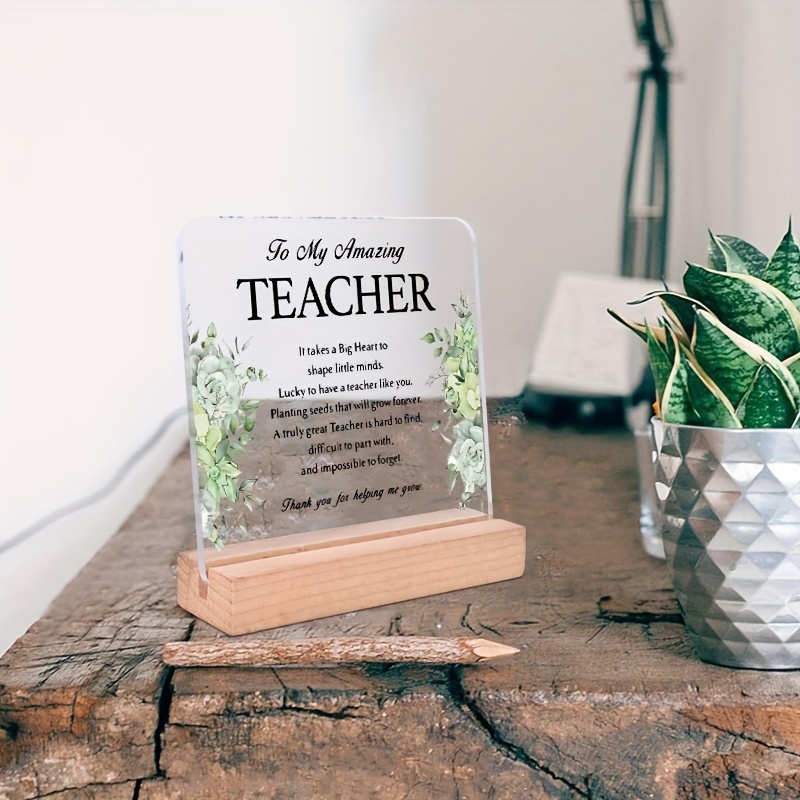 2d flat printing acrylic teacher thank you sign a gift of gratitude for teachers transparent acrylic plaque with wooden stand inspirational home office decoration suitable for   men and women no batteries required no feathers 14 perfect gift 2d flat 0