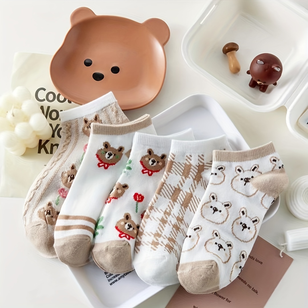 

5 Pairs Cartoon Bear Print Socks, Cute & Breathable Ankle Socks, Women's Stockings & Hosiery