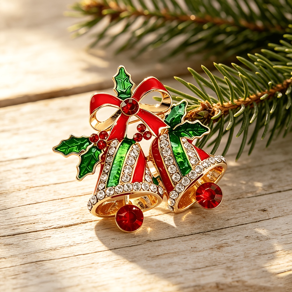TEMU Retro Christmas Bell Brooch, And Green Enamel Themed Design With Red Artificial Crystal, Unisex. Perfect Gift For Christmas Parties And Holidays