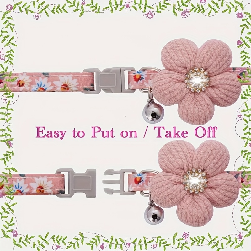 floral dog collar with 3d flower charm and detachable bells suitable for small dogs and cats soft adjustable polyester pet collar with pink white floral pattern   accessory Product details 1