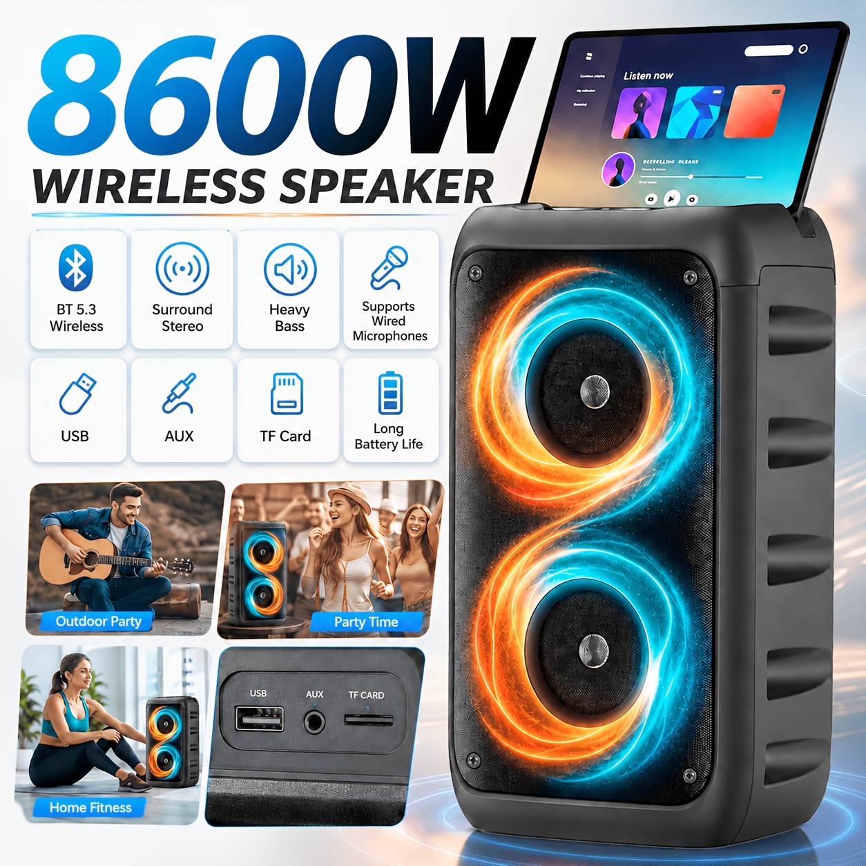 TEMU 9999w Portable Wireless Bluetooth Speaker, Retro Style Subwoofer With Microphone, Usb-c & Tf Card , Fm & Tws Stereo, For Phones Tablets, Great