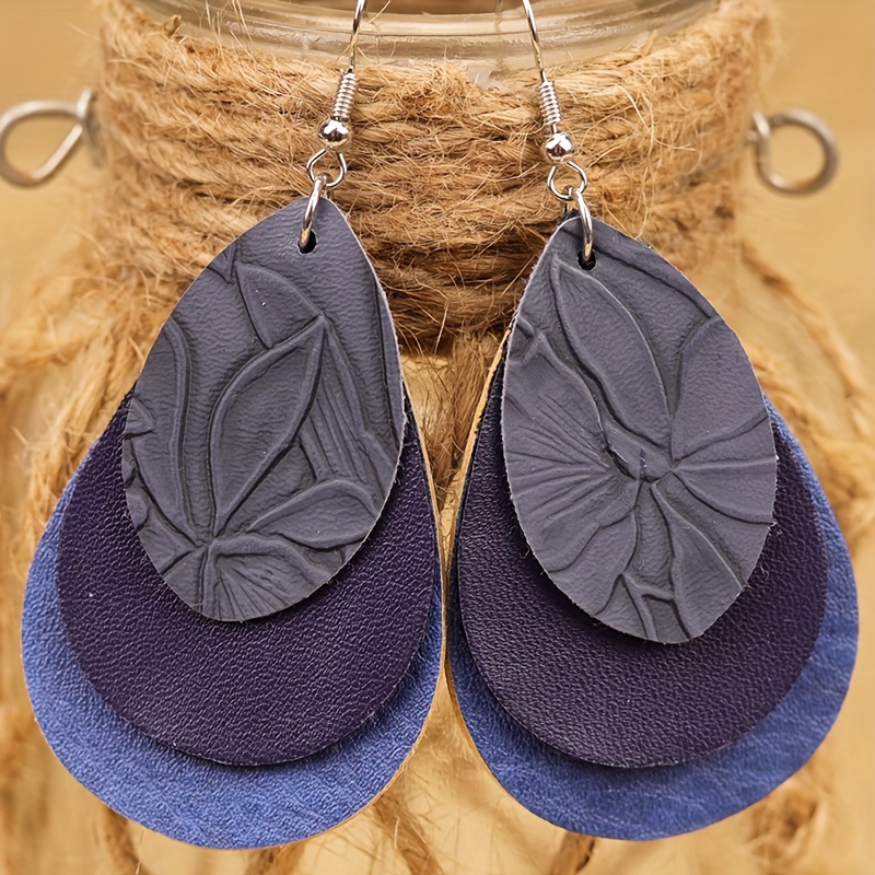Bohemian PU Leather Teardrop Earrings Green Brown Yellow