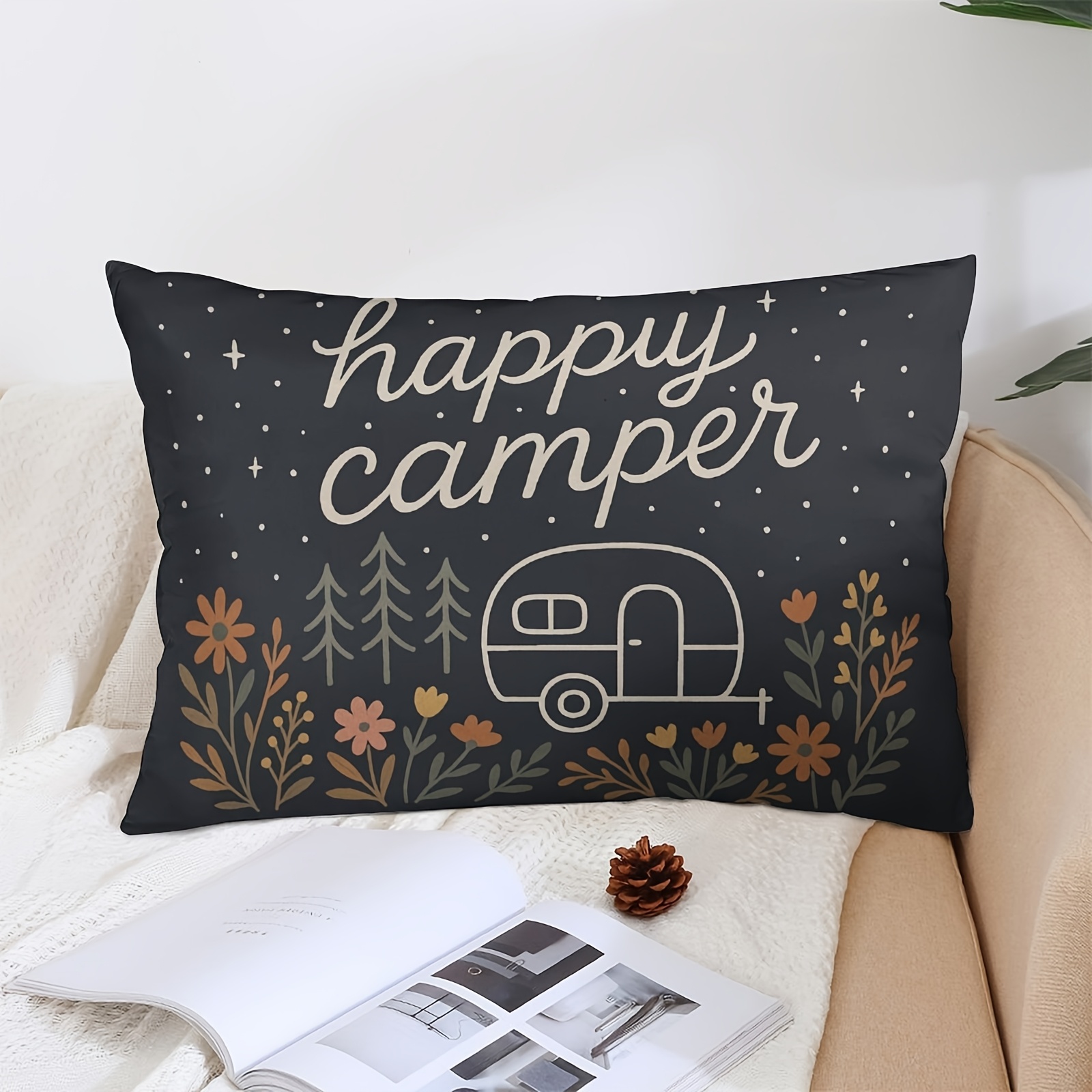 TEMU 1 taie d'oreiller réversible imprimée Trailer - Décoration de camping avec et , pour camping-car, cabane - Fermeture à glissière, lavable en
