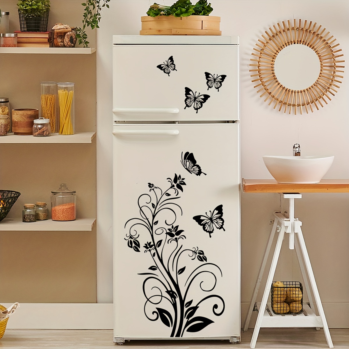 

1pc Ms482-yw Contemporary Butterfly And Floral Fridge Magnet Decal, Pvc Self-adhesive Kitchen And Dining Room , Reusable Home Decor Sticker, Irregular Shape