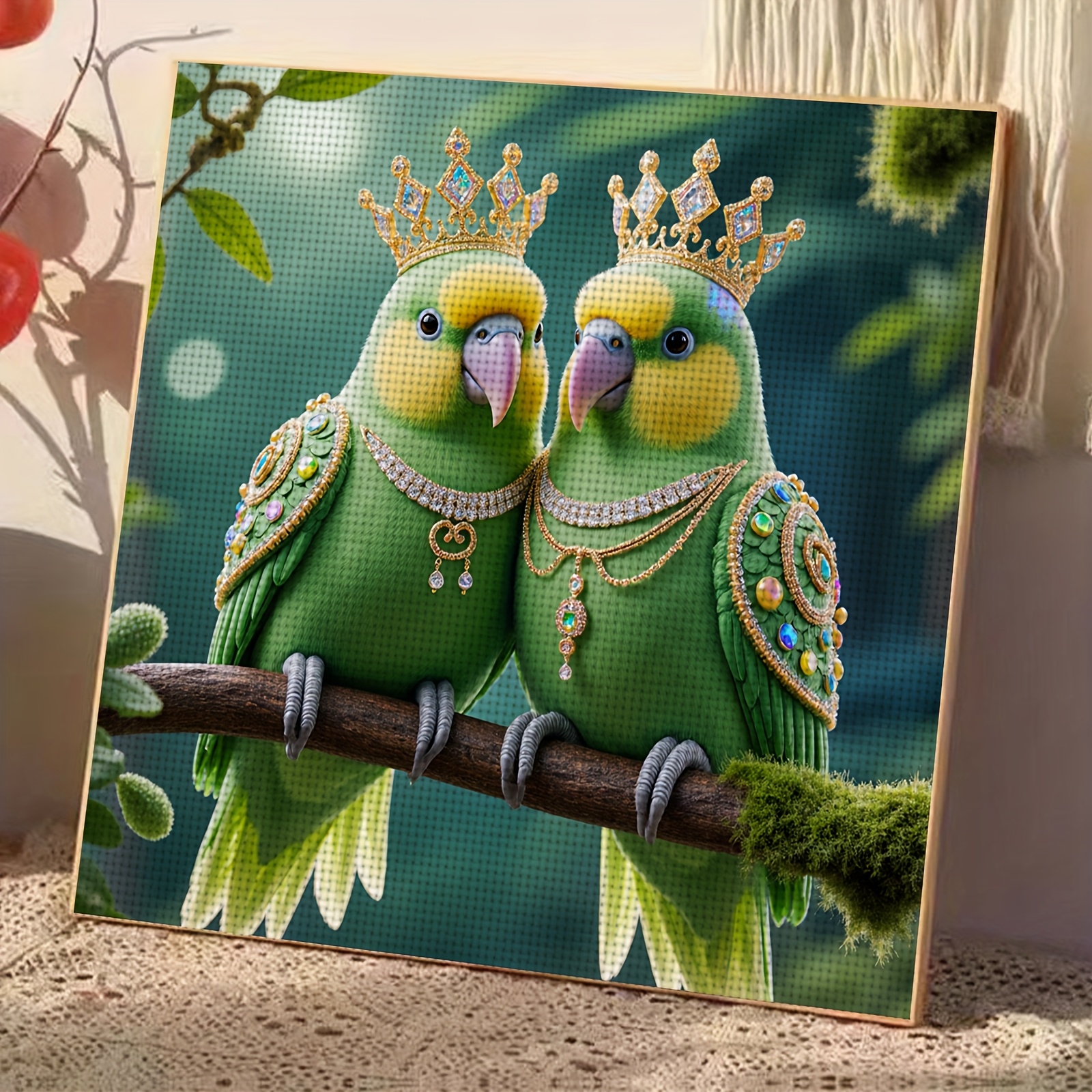 Frameless 11CT Printed Fabric Cross-Stitch Kit, Two Parrots Wearing Crowns