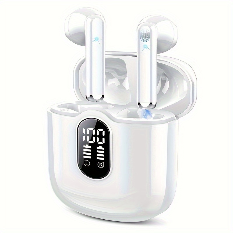 TEMU Wireless Earbuds, Sport Headphones With Stereo Clear Call Mic, 30 Hrs Playtime Earbuds Touch Control With Led Display, Earphones For Ios White