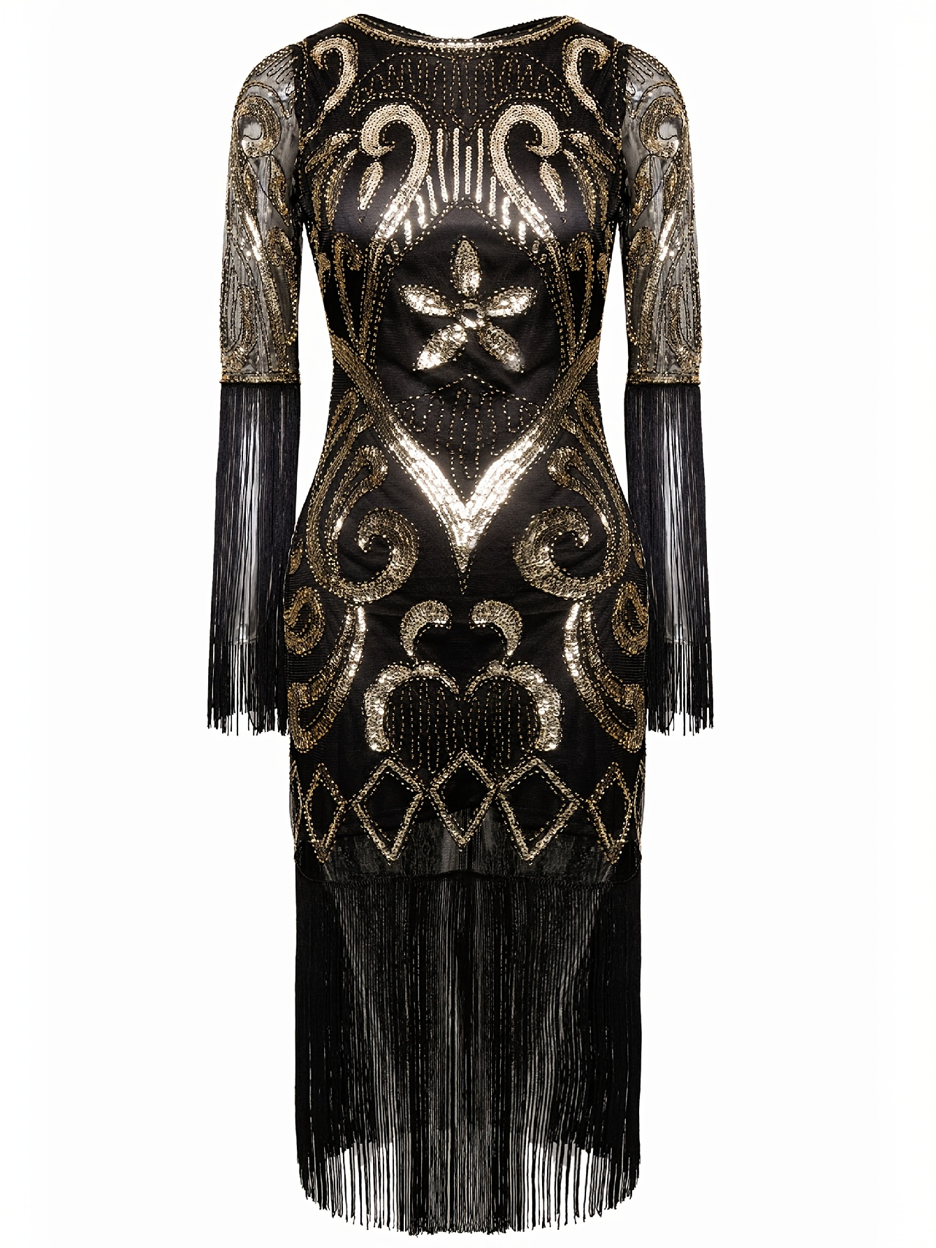 knee length dresses for ladies Zapaka Women Black 1920s Flapper Dress V Neck Long Sleeves Vintage Dress with Fringes, Dark Green / S main image 1