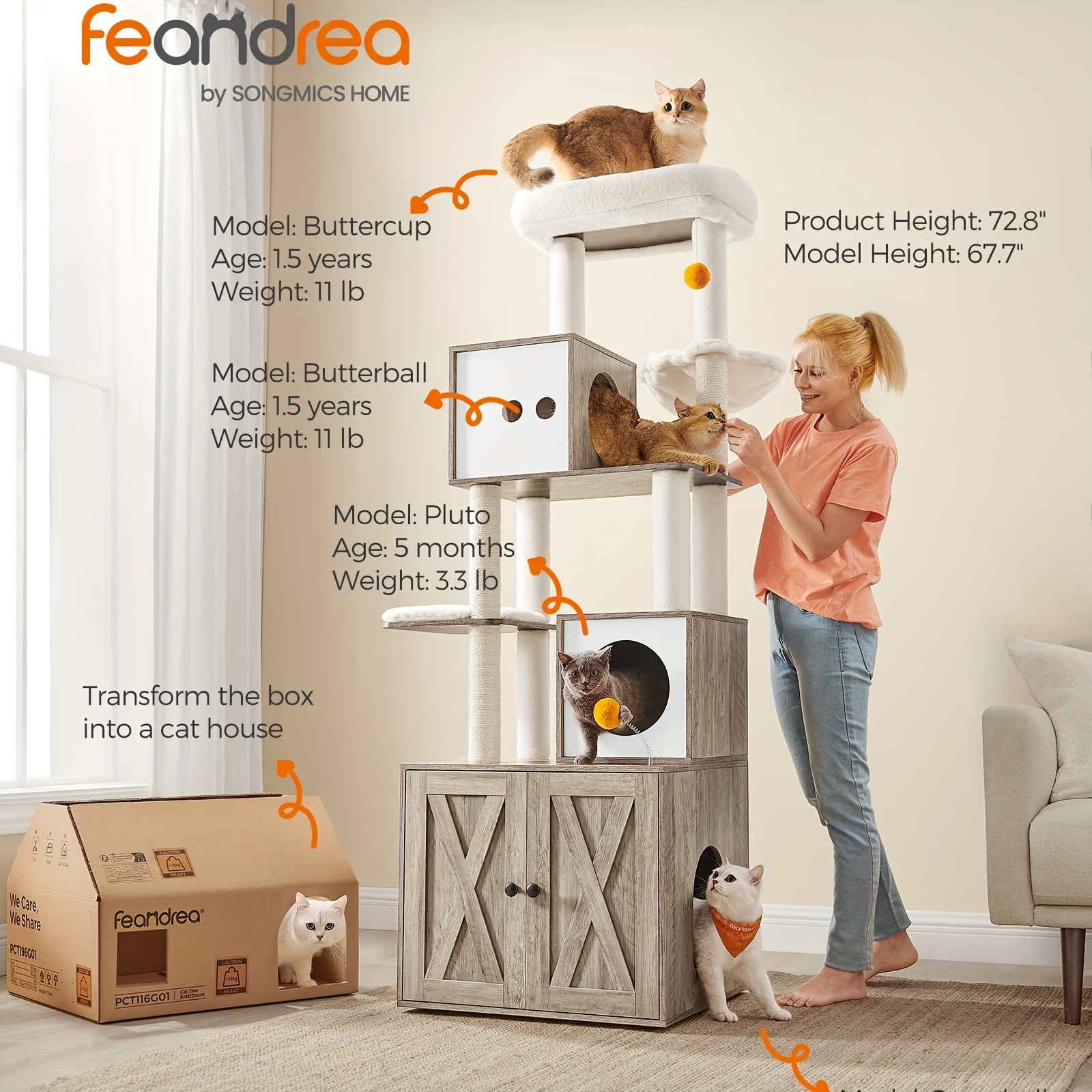 

Feandrea Cat Tree With Litter Box Enclosure, 2-in-1 Modern Cat Tower, 72.8-inch Tall Cat Condo With Scratching Posts, Perch, Caves, Basket, Washable Cushions