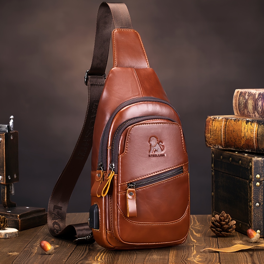 Image of Men's Genuine Leather Crossbody Chest Satchel With Adjustable Strap - Large Capacity Belt Bag, Closure For Outdoor, Travel, - Carry (real Leather Crossbody Bag For Smartphones/)