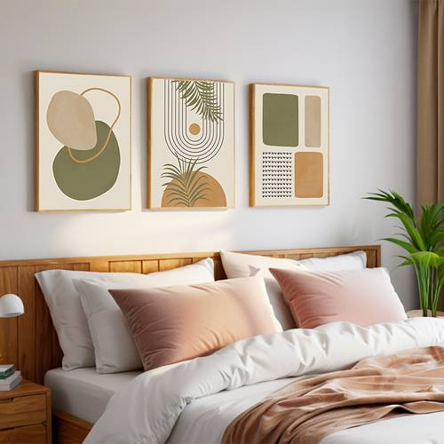 2d flat 3pcs set boho canvas wall art minimalist green beige neutral tones with muted olive mustard brown soft pastel hues for living room bedroom bathroom kitchen decor modern boho decorations unframed panels for easy hanging calming beige olive mustard brown color palette minimalist abstract wall decorations set of 3 panels 2d flat