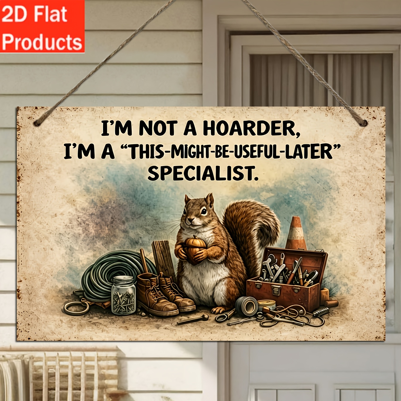 TEMU 2d Flat, Wooden Decorative Sign & Plaque - 1pc, Featuring Elements Like Squirrels And Tools, With The Humorous Text " A , I'm A 'might Come In