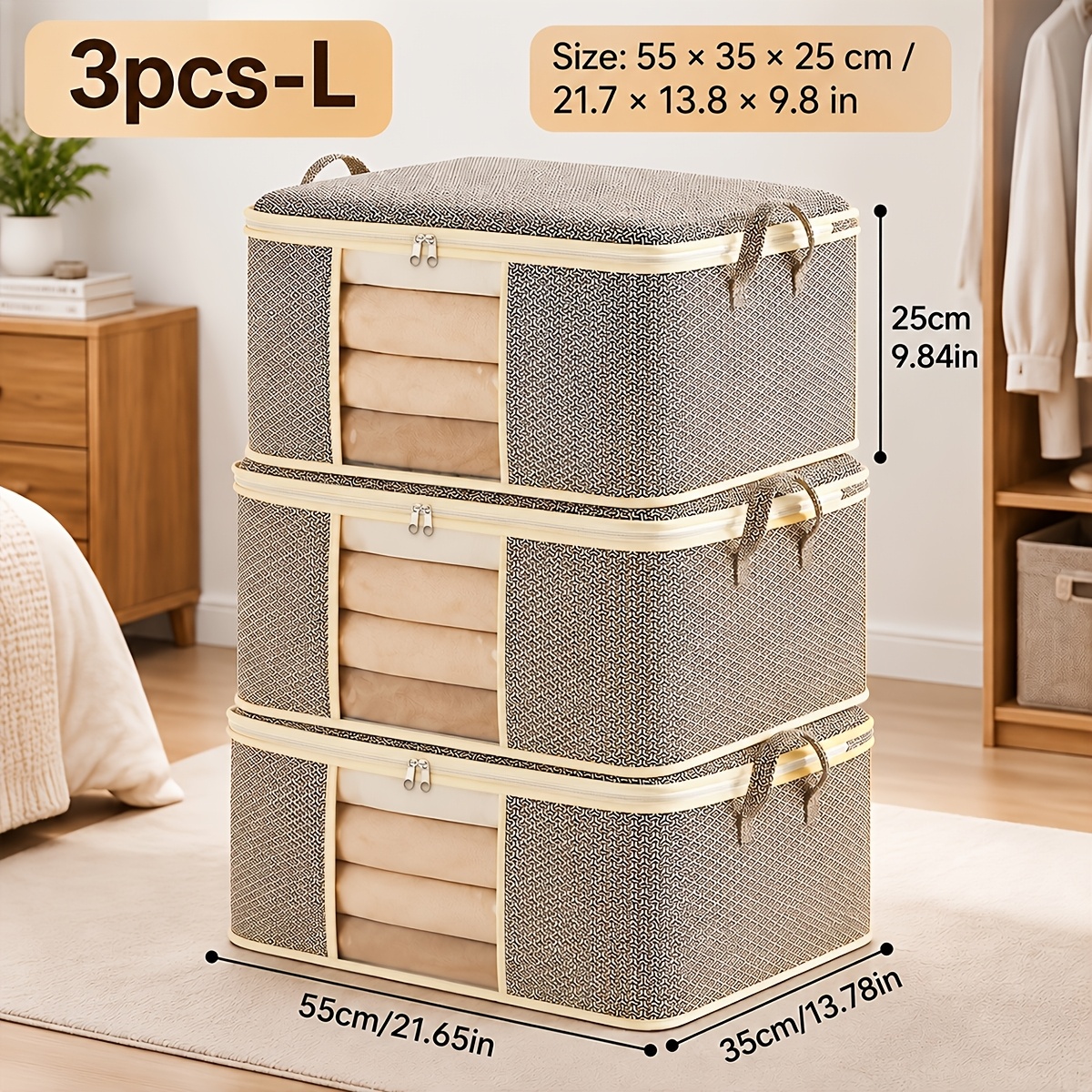 TEMU 3pcs Grands Sacs de Rangement pour Vêtements, Organisateur de Garde-Robe Pliable avec Double Fermeture Éclair, Fenêtre Transparente & Poignées