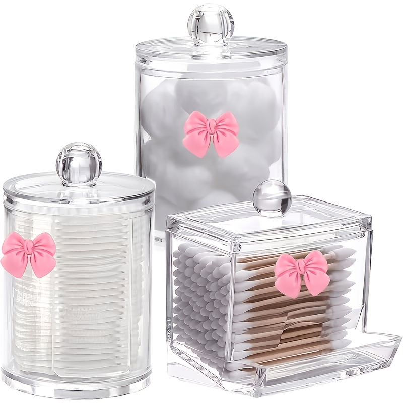 TEMU 3pcs Set Of Bow-decorated Transparent Acrylic Pad And Swab Storage Jars, Cute Pink Bow Accents, Dust-proof Lid Makeup Organizer Box, 3 Styles,