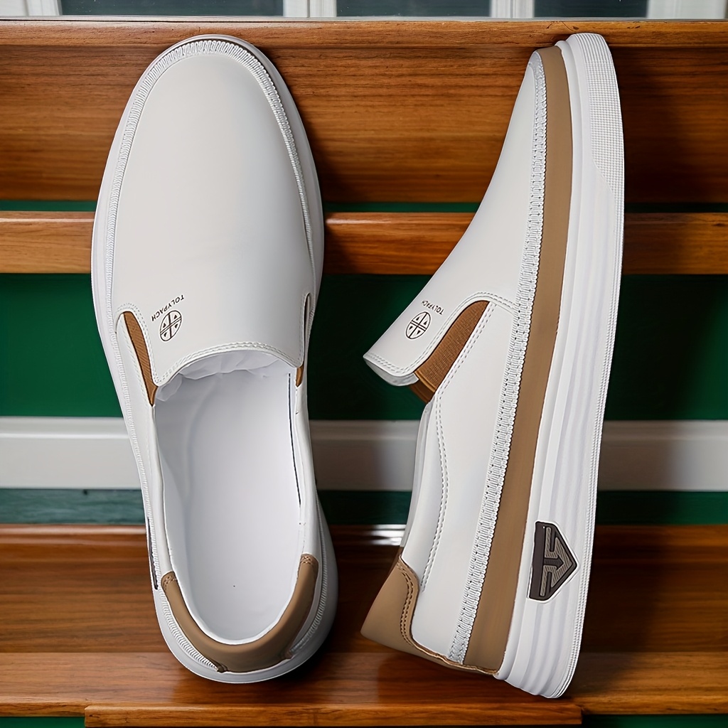 Men's Casual Slip-On Loafers - Soft Leather Upper, Comfortable & Durable, Non-Slip Rubber Sole, White with Brown Accents, Full Size Range for Casual Attire, Street Style, and Commuting, Commuting Loafers | Minimalist Loafers | Durable Construction