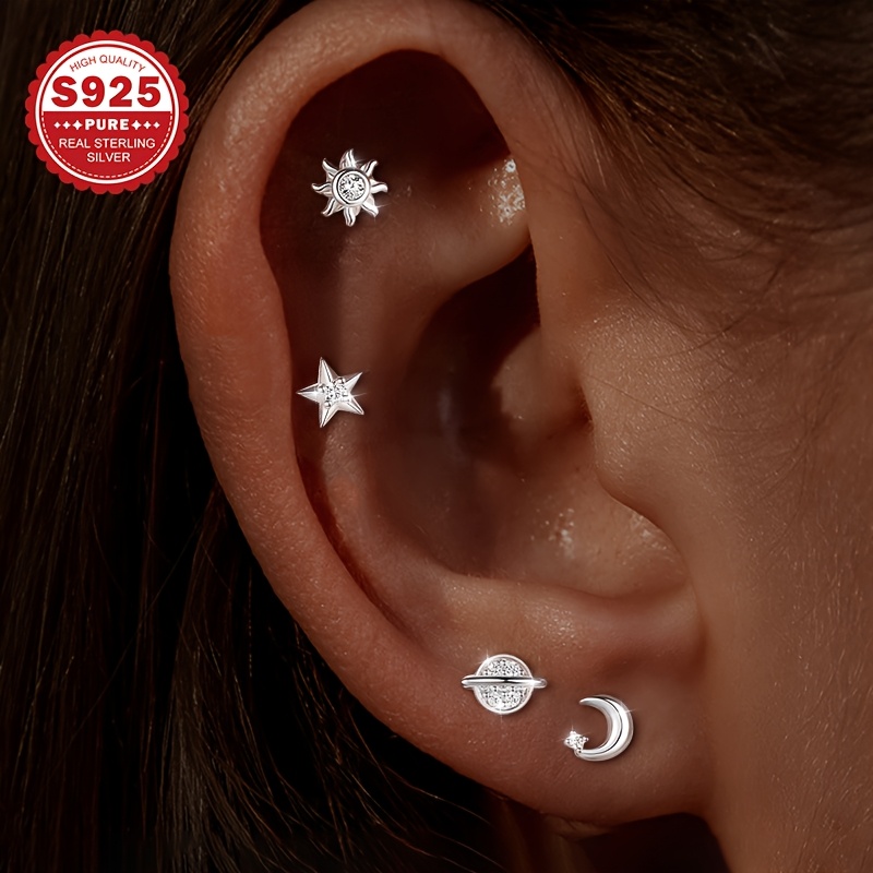 Image of 4pcs Set Of Star Earrings, S925 Sterling Silvery Classic Luxury Niche Design Women's Earrings, Small And Cute, Suitable For Daily Wear, Star And Ocean Women's Elegant Earrings, Hypoallergenic