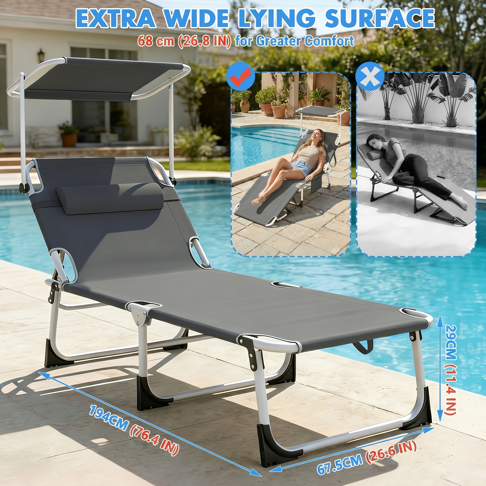 Foldable Recliner With 360° Adjustable Sunshade, 5-level Adjustable Leisure Chair With Side Pockets And Carrying Bag, Suitable For Garden Beach Swimming Pool
