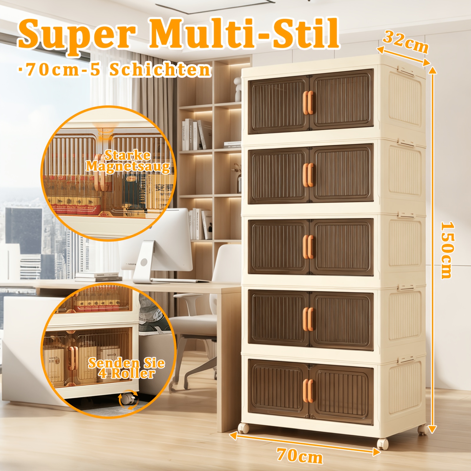 TEMU Meuble de rangement à 5 niveaux, 70/60 cm, avec couvercle et roulettes, haute , à pliage rapide, utilisation efficace , idéal pour vêtements,