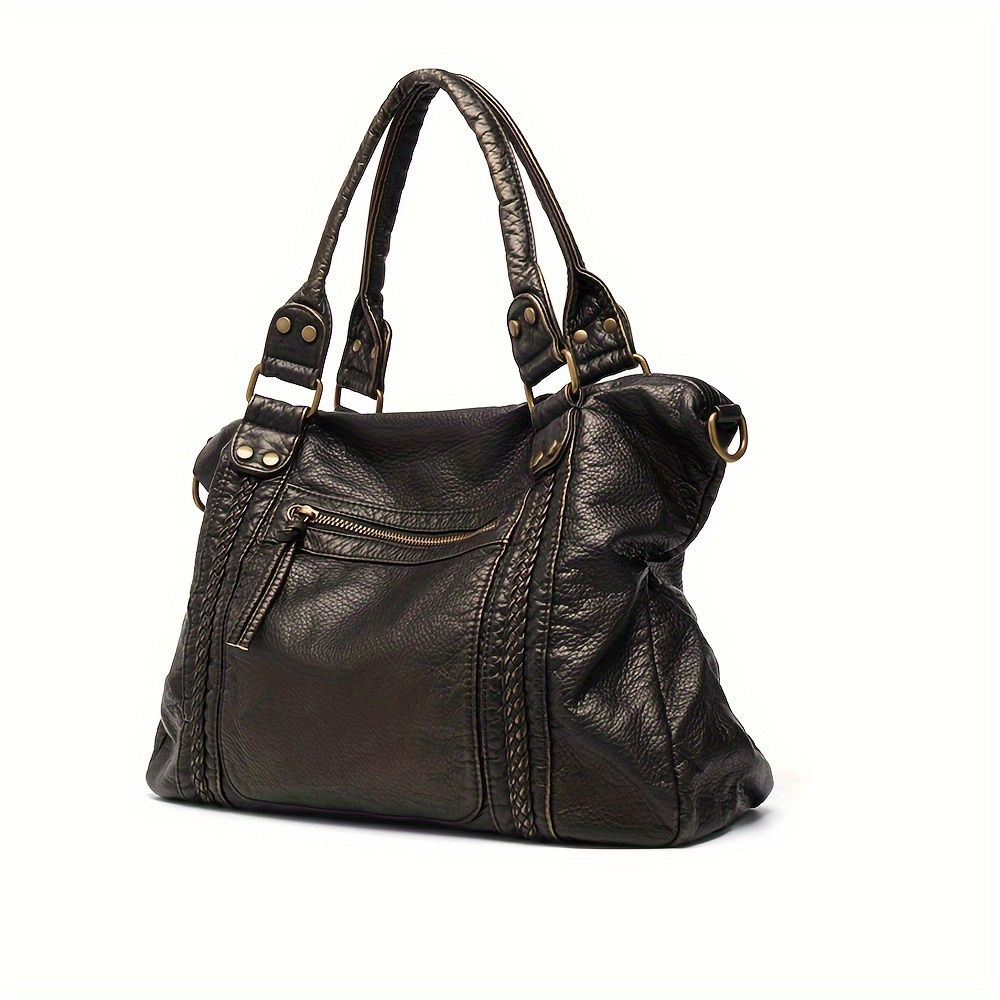 Vintage Women's Tote Bag - Large Capacity Soft Handbag With Adjustable Strap, Bronze/burgundy, Multiple Zipper Compartments, Retro Style